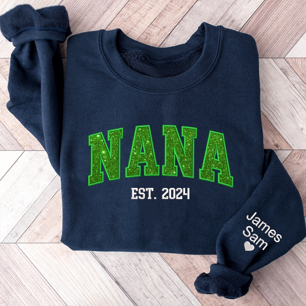 Lofaris Custom Nana Green Glitter Embroidered Kids Sweatshirt