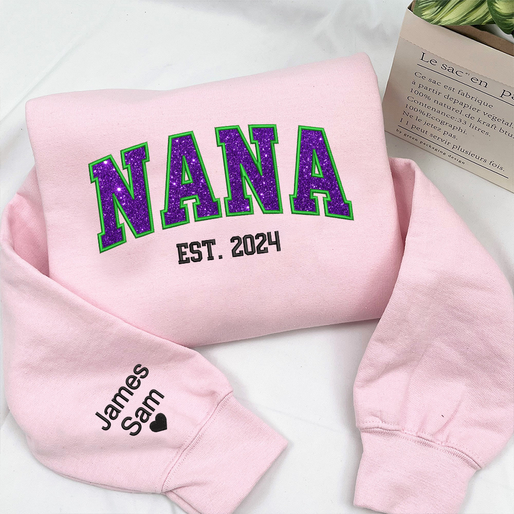 Lofaris Custom Nana Green Purple Glitter Embroidered Sweatshirt
