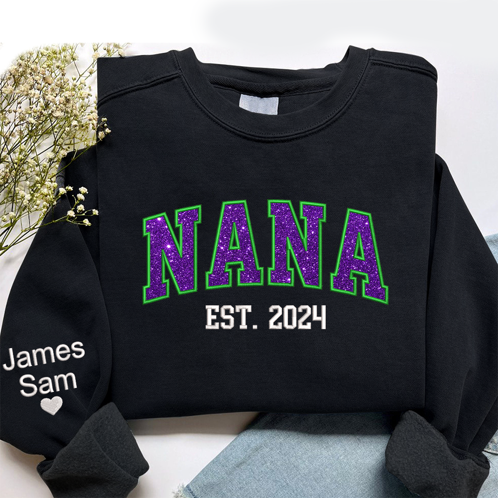 Lofaris Custom Nana Green Purple Glitter Embroidered Sweatshirt