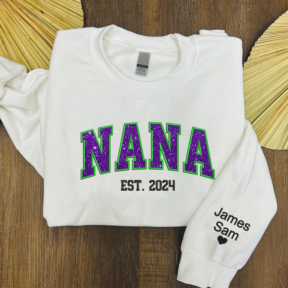 Lofaris Custom Nana Green Purple Glitter Embroidered Sweatshirt