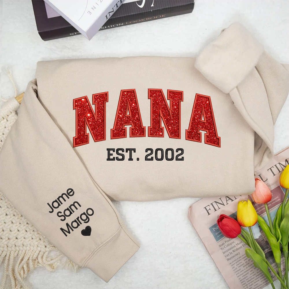 Lofaris Custom Nana Red Glitter Embroidered Name Sweatshirt