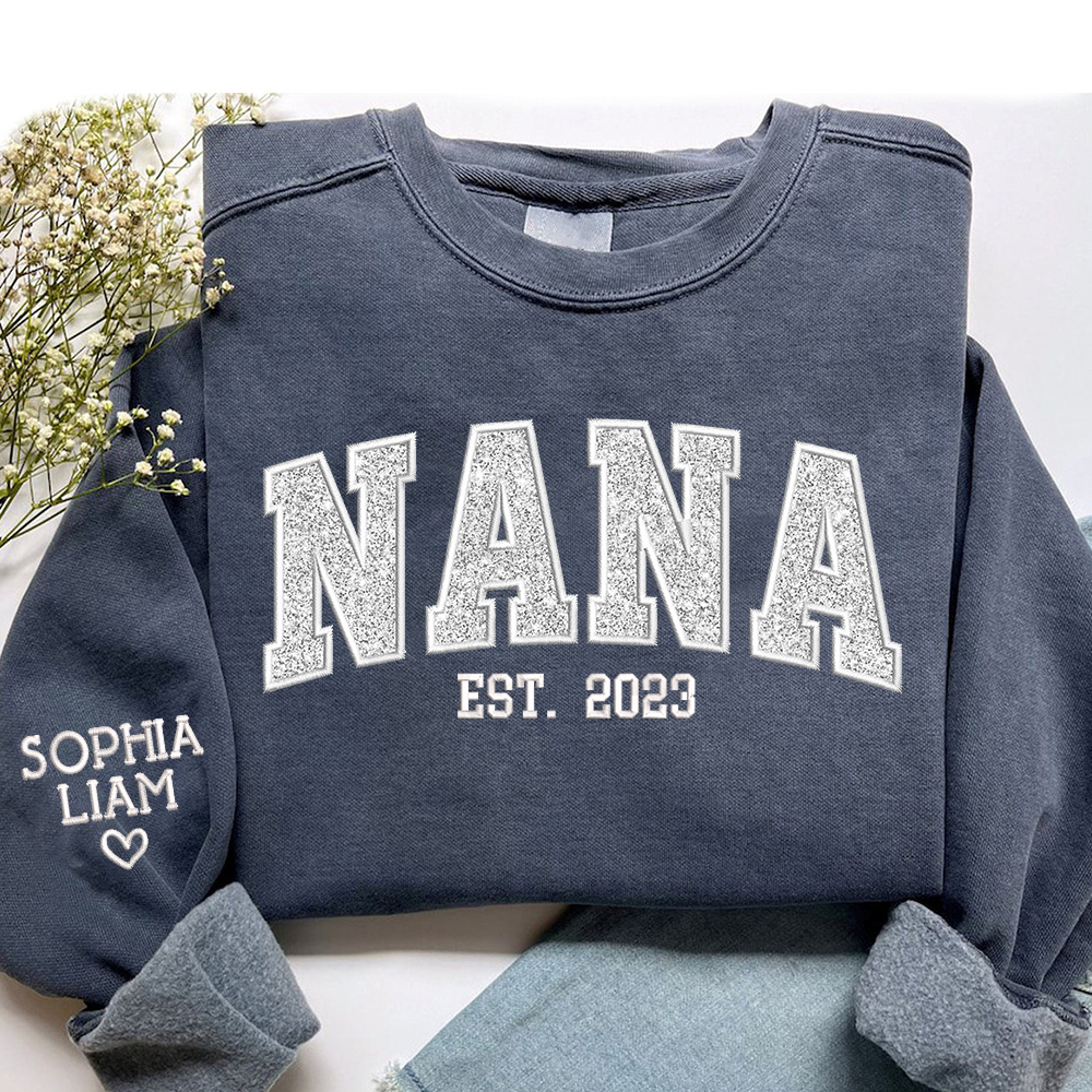 Lofaris Custom Nana White Glitter Embroidered Sweatshirt