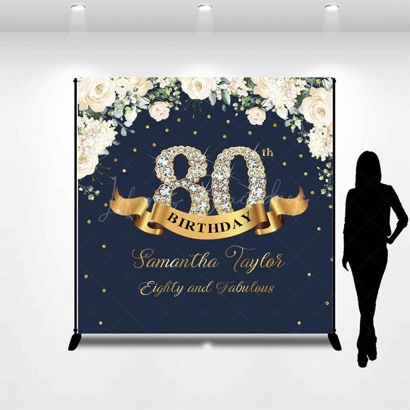 Lofaris Custom Navy Blue Pink Floral 80th Birthday Backdrop