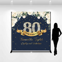 Lofaris Custom Navy Blue Pink Floral 80th Birthday Backdrop