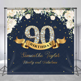 Lofaris Custom Navy Blue Pink Floral 90th Birthday Backdrop