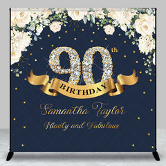 Lofaris Custom Navy Blue Pink Floral 90th Birthday Backdrop