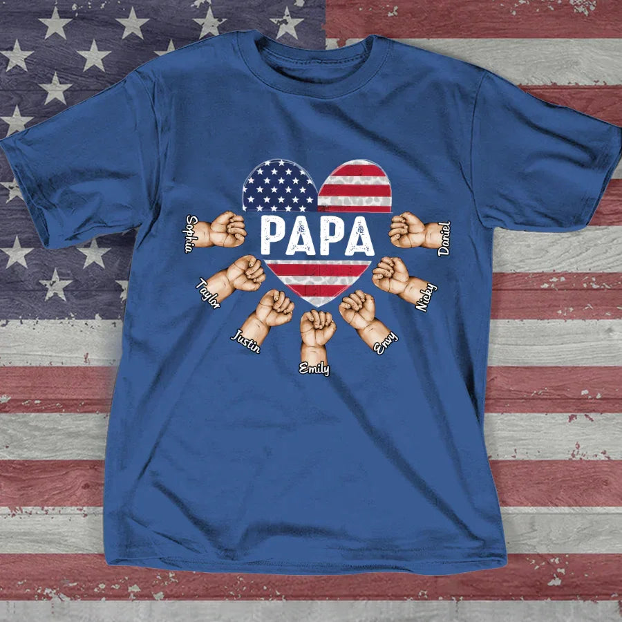 Lofaris Custom Papa Grandkids Hands USA Flag Heart T - Shirt