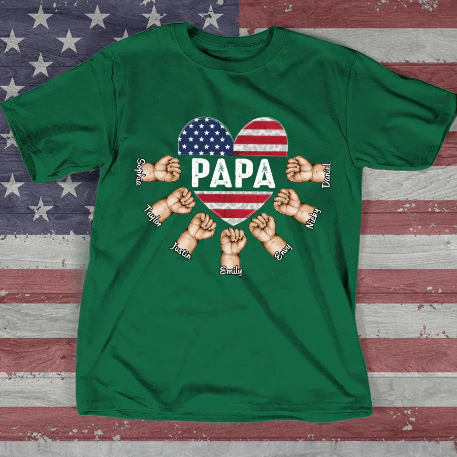 Lofaris Custom Papa Grandkids Hands USA Flag Heart T - Shirt