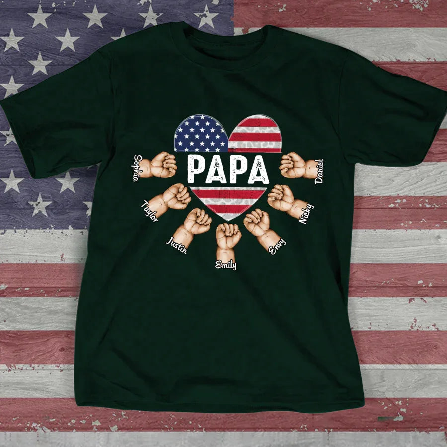 Lofaris Custom Papa Grandkids Hands USA Flag Heart T - Shirt