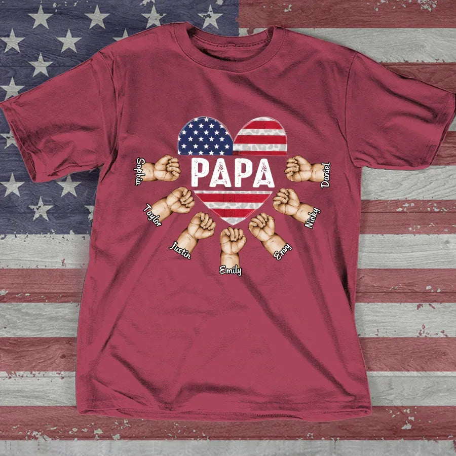 Lofaris Custom Papa Grandkids Hands USA Flag Heart T - Shirt
