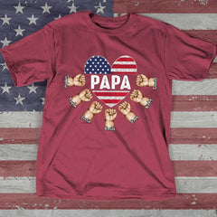 Lofaris Custom Papa Grandkids Hands USA Flag Heart T - Shirt