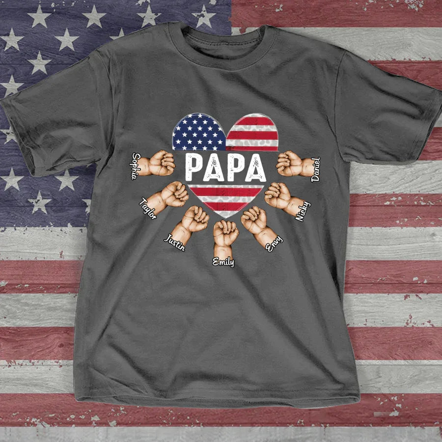 Lofaris Custom Papa Grandkids Hands USA Flag Heart T - Shirt