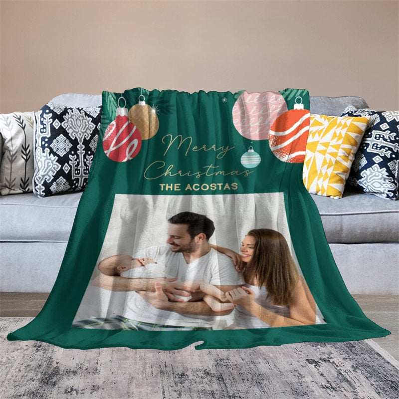Lofaris Custom Photo Green Bauble Family Christmas Blanket