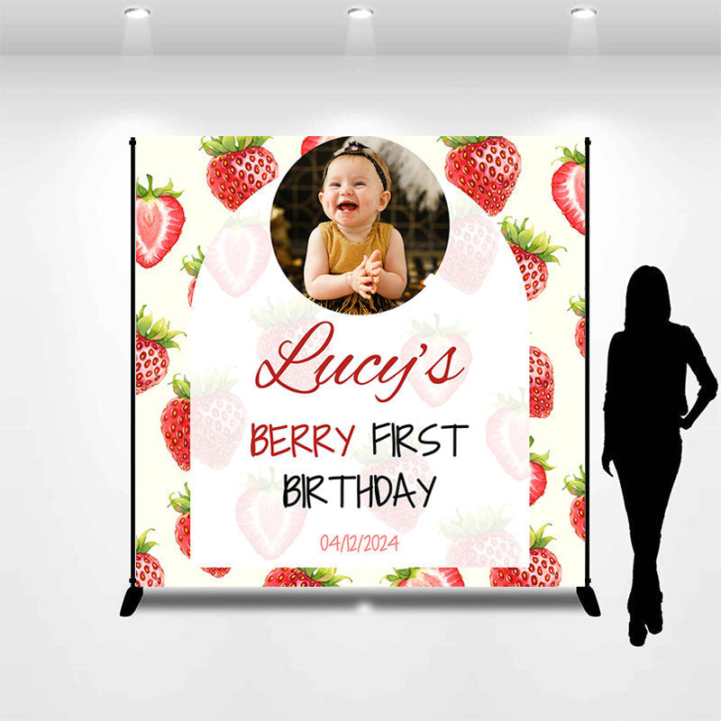 Lofaris Custom Photo Strawberry Happy 1st Birthday Backdrop