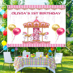 Lofaris Custom Pink Carousel Balloon 1st Birthday Backdrop