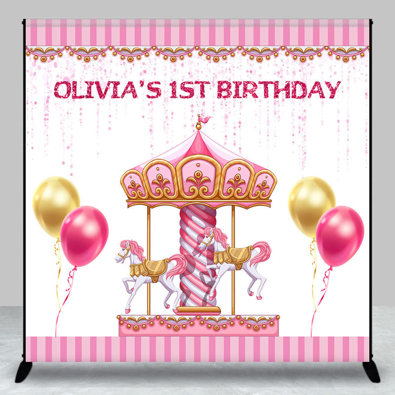 Lofaris Custom Pink Carousel Balloon 1st Birthday Backdrop
