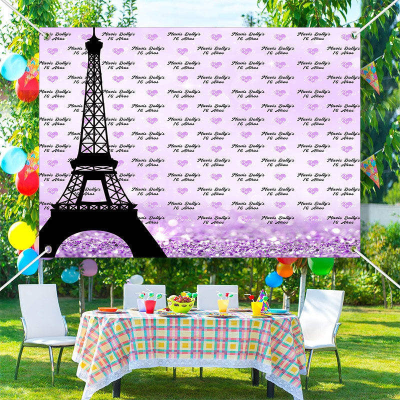 Lofaris Custom Purple Eiffel Repeat 16th Birthday Backdrop