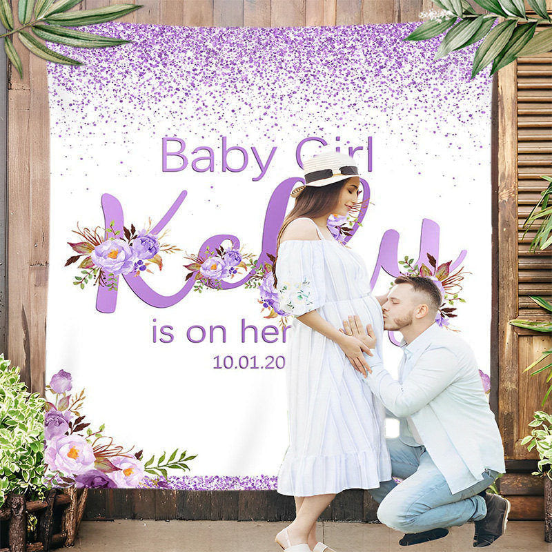 Lofaris Custom Purple Glitter Floral Girl Baby Shower Backdrop