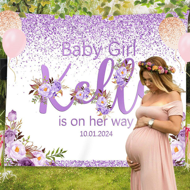 Lofaris Custom Purple Glitter Floral Girl Baby Shower Backdrop