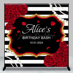 Lofaris Custom Red Rose Pearl Stripe Birthday Bash Backdrop