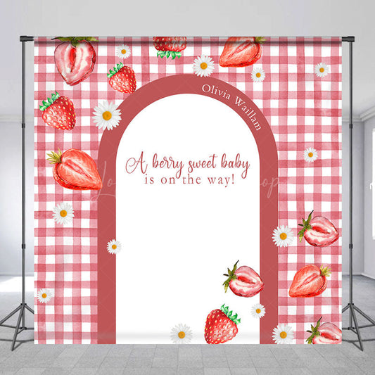 Lofaris Custom Red Strawberry Plaid Baby Shower Backdrop