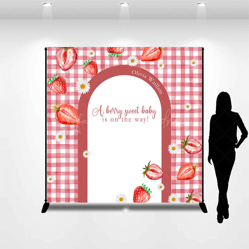 Lofaris Custom Red Strawberry Plaid Baby Shower Backdrop