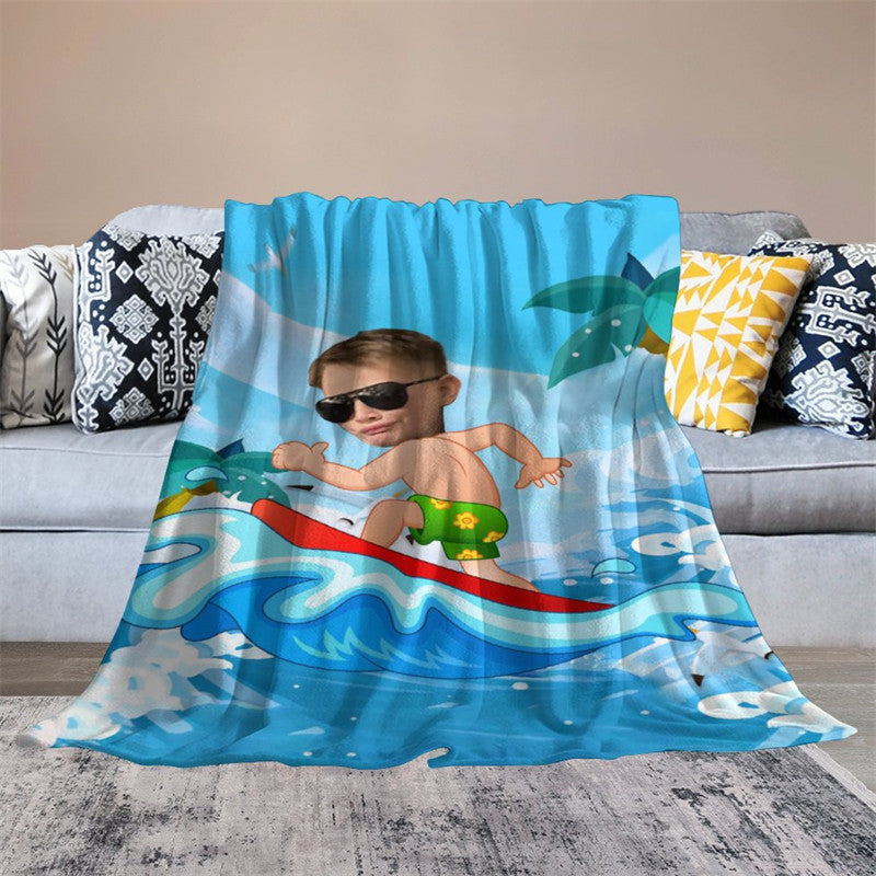 Lofaris Customized Green Shorts Surfing Boy Waves Blanket