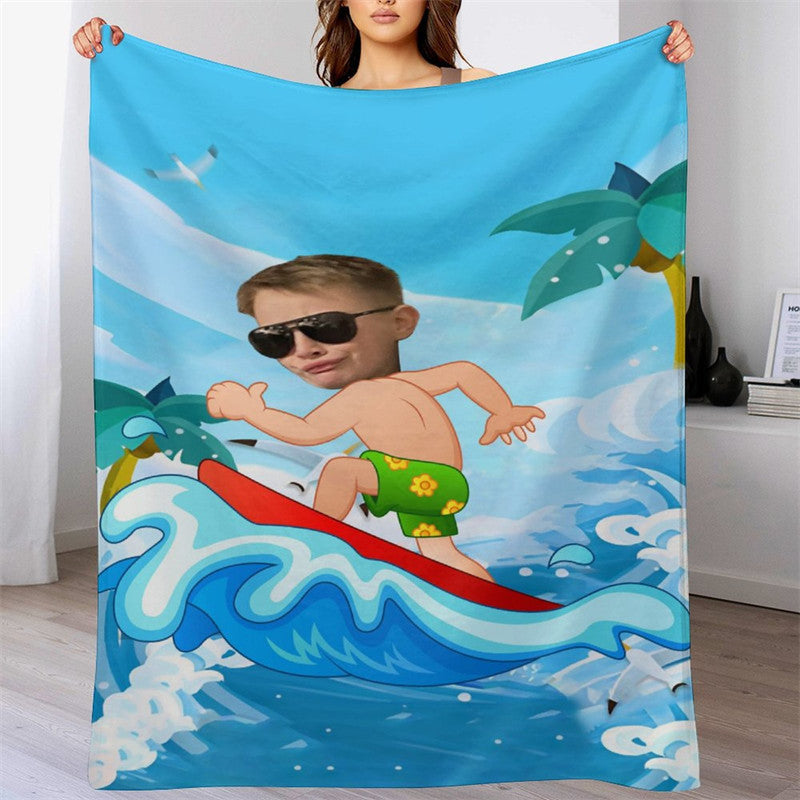 Lofaris Customized Green Shorts Surfing Boy Waves Blanket