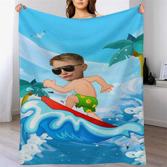 Lofaris Customized Green Shorts Surfing Boy Waves Blanket