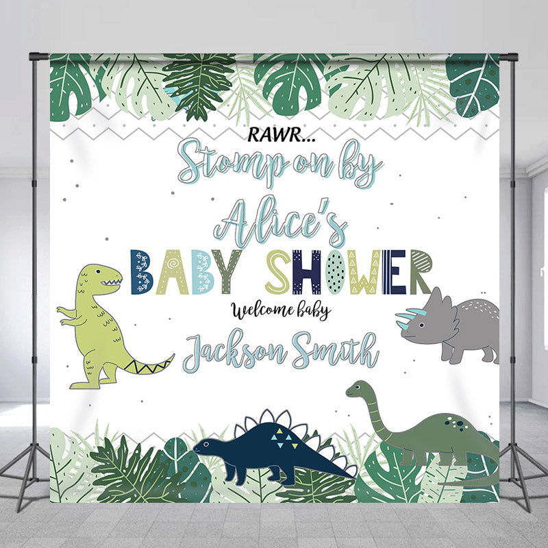 Lofaris Customized Name Green Dinosaur Baby Shower Backdrop