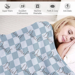 Lofaris Customized Name Repeat Grayish Blue Plaid Blanket
