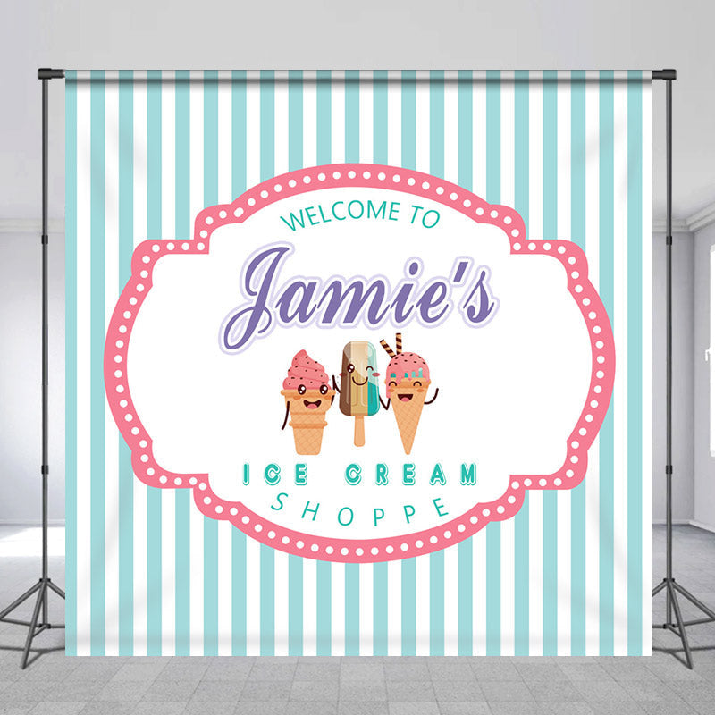 Lofaris Customized Name Stripes Ice Cream Birthday Backdrop