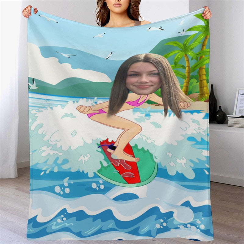 Lofaris Customized Surfing Girl Coastal Beach Palm Blanket