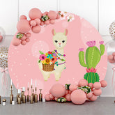 Lofaris Cute Alpaca And Cactus Round Pink Birthday Backdrop