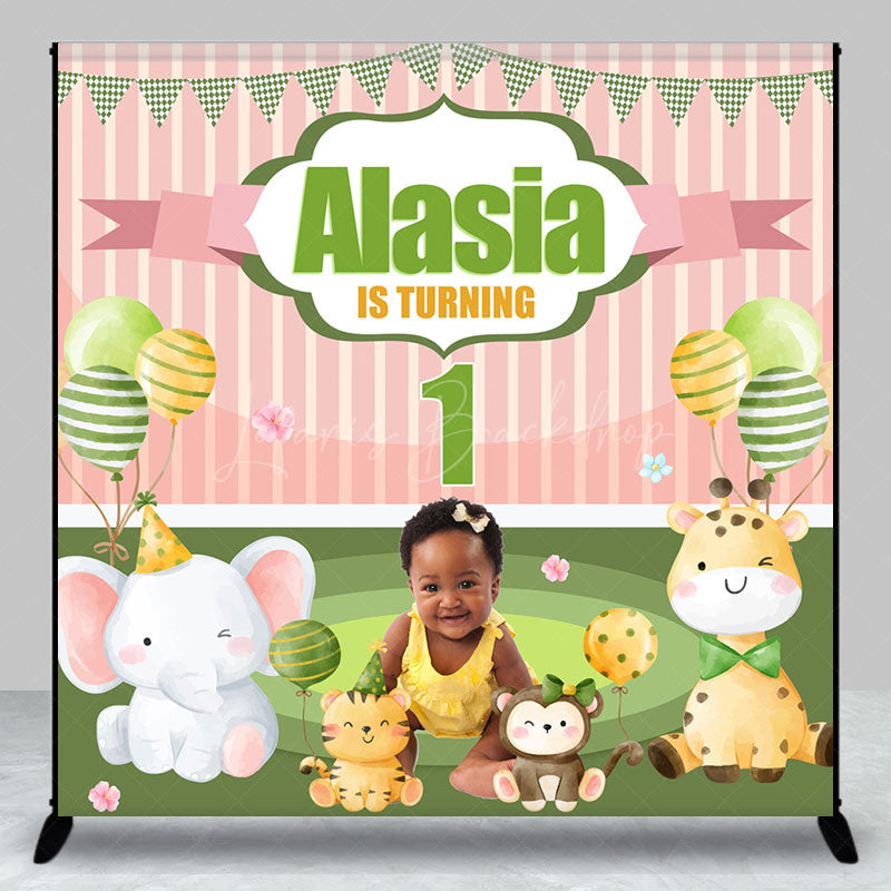 Lofaris Cute Animals Pink Stripe Custom 1st Birthday Backdrop