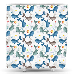 Lofaris Cute Blue Green Whales Balls White Shower Curtain