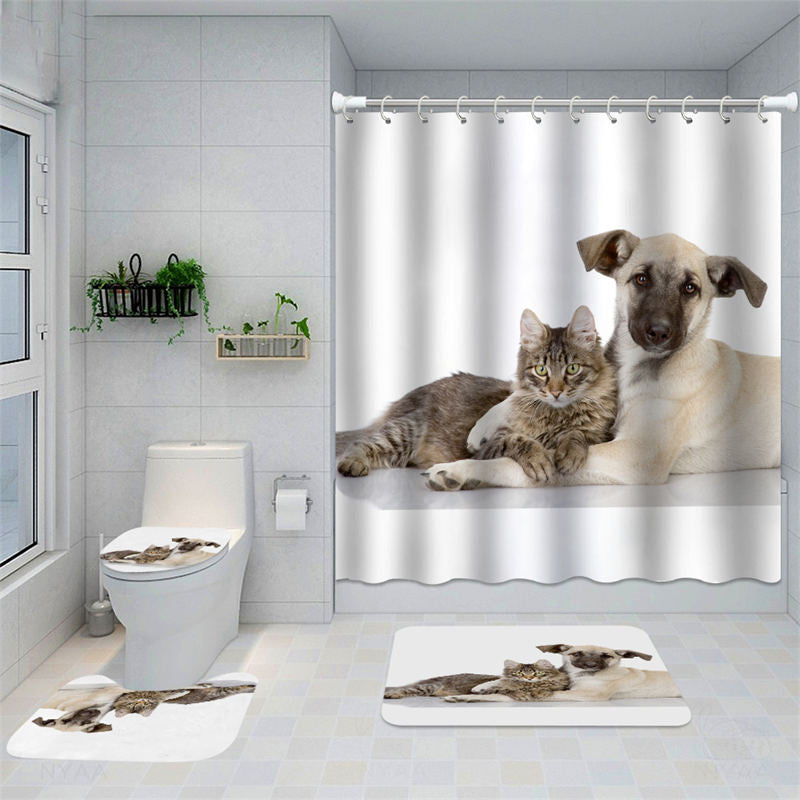 Lofaris Cute Dog Cat Lovely Pet Shower Curtain Bath Mat | Personalised Shower Curtain | Print on Demand Shower Curtain | Custom Size Shower Curtains