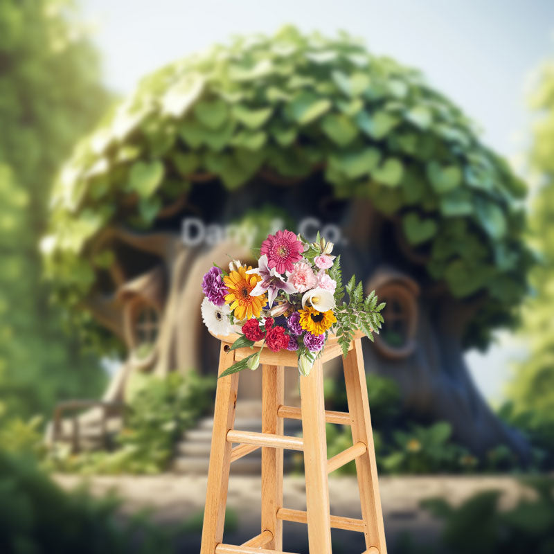 Lofaris Cute Green Leaves Wooden House Spring Photo Backdrop