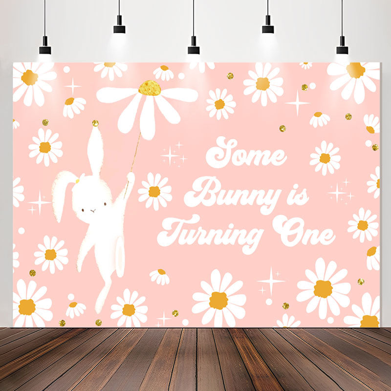 Lofaris Cute Pink Bunny Flowers Happy 1st Birthday Backdrop