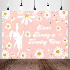 Lofaris Cute Pink Bunny Flowers Happy 1st Birthday Backdrop
