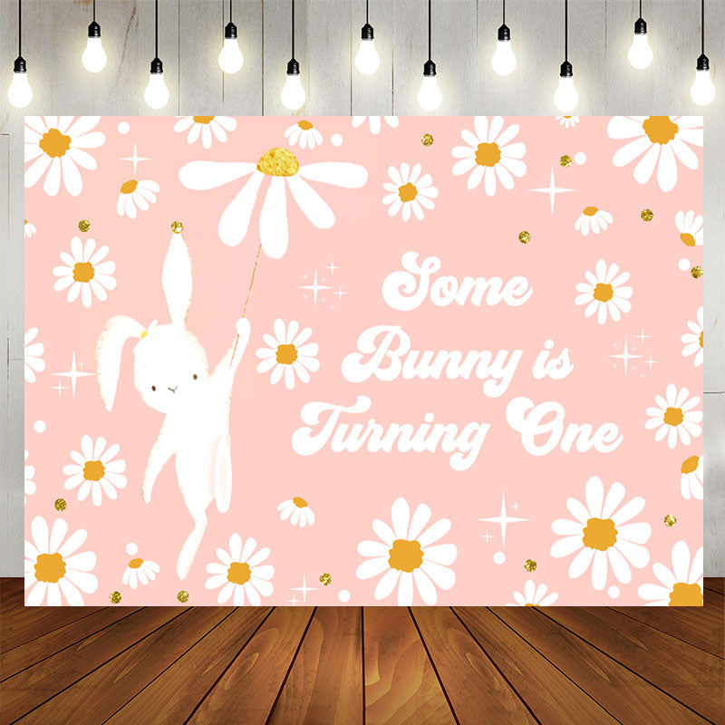 Lofaris Cute Pink Bunny Flowers Happy 1st Birthday Backdrop