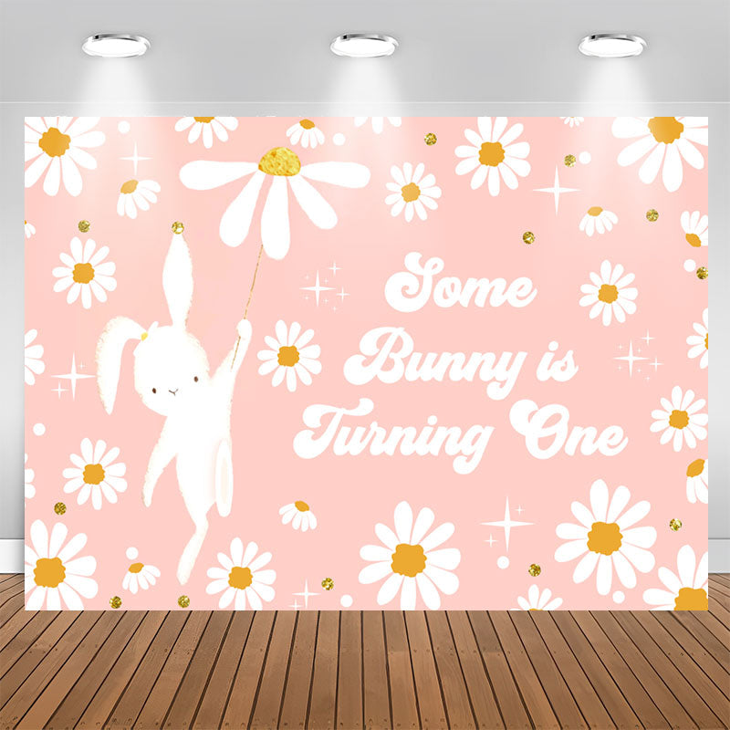 Lofaris Cute Pink Bunny Flowers Happy 1st Birthday Backdrop