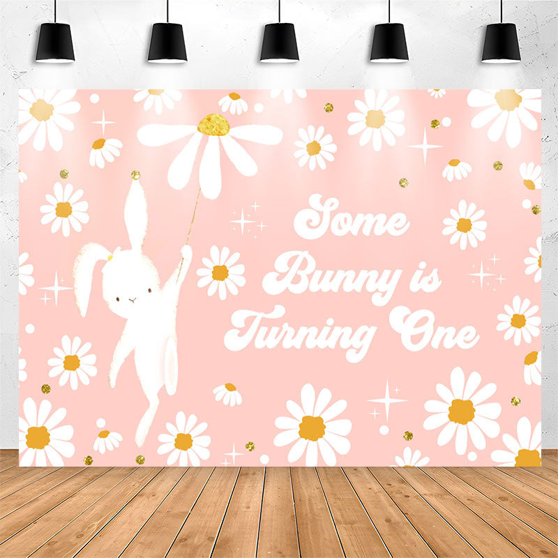 Lofaris Cute Pink Bunny Flowers Happy 1st Birthday Backdrop