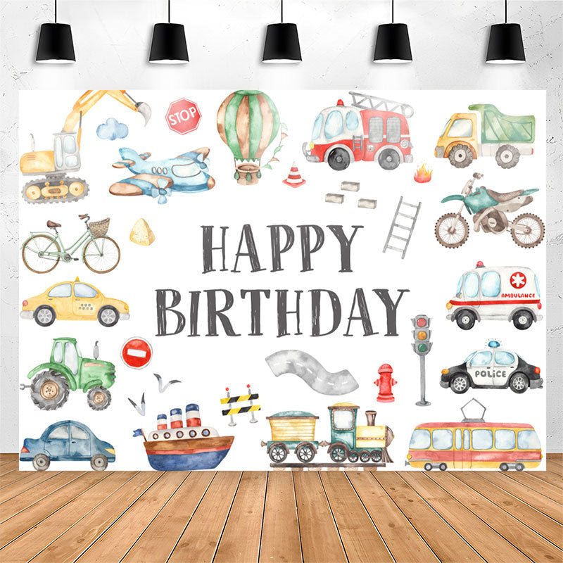 Lofaris Cute Vehicle Patterns White Happy Birthday Backdrop