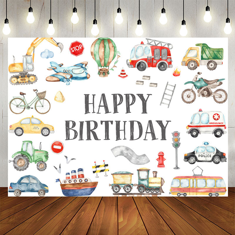 Lofaris Cute Vehicle Patterns White Happy Birthday Backdrop