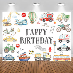 Lofaris Cute Vehicle Patterns White Happy Birthday Backdrop