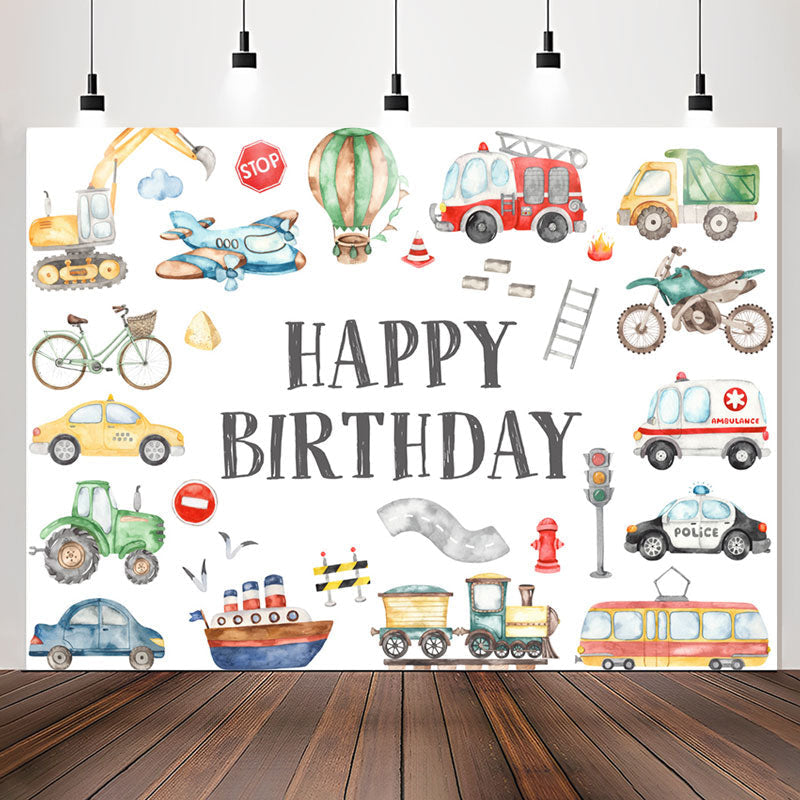 Lofaris Cute Vehicle Patterns White Happy Birthday Backdrop