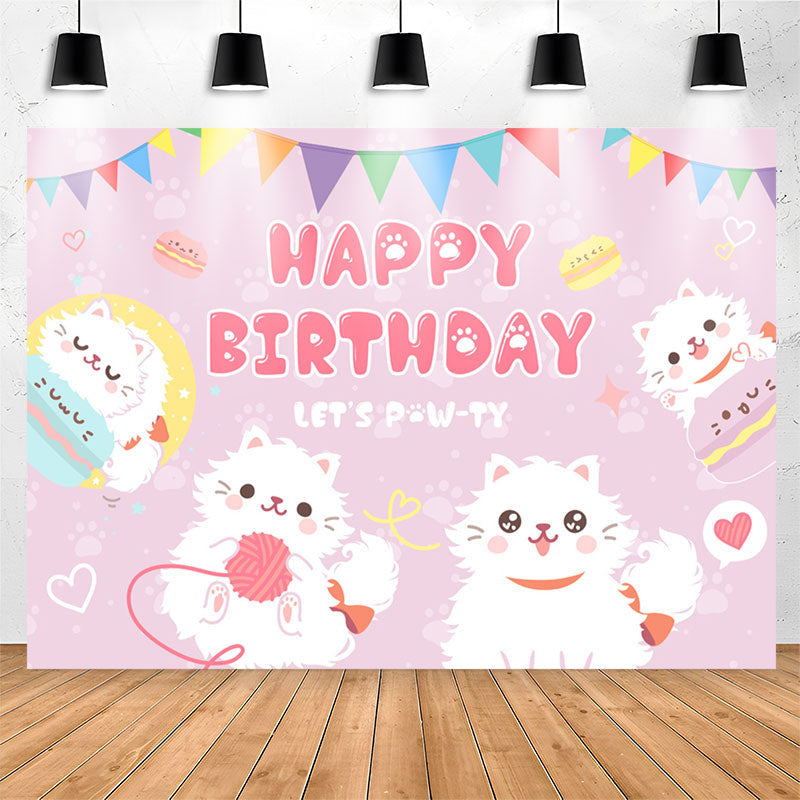 Lofaris Cute White Cats Lets Pawty Purple Birthday Backdrop