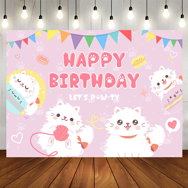Lofaris Cute White Cats Lets Pawty Purple Birthday Backdrop