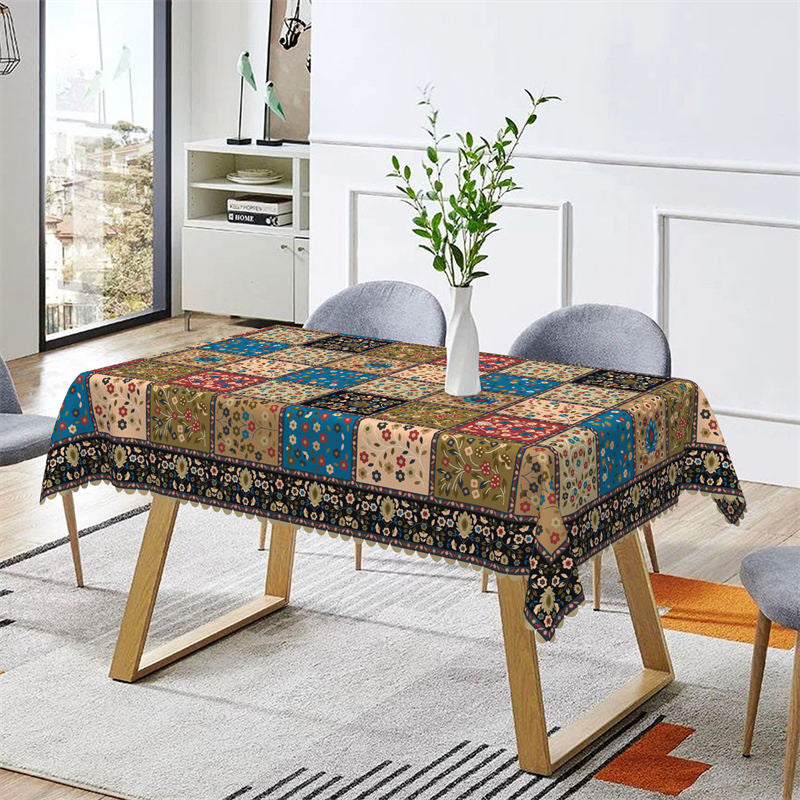 Lofaris Dark Beige Blue Bohemian Bistro Rectangle Tablecloth